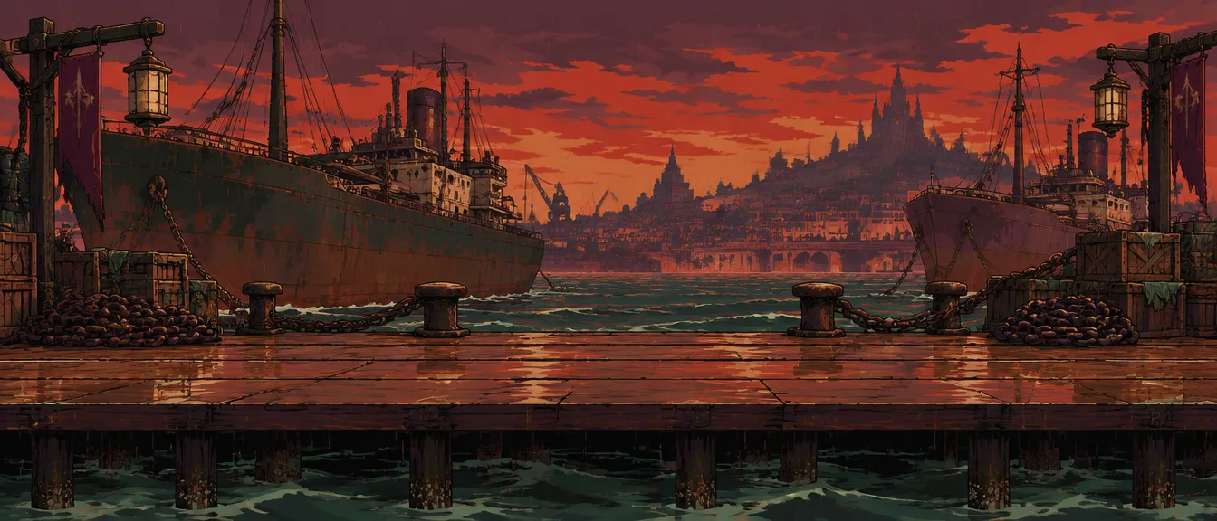 Saltgate Docks: a wet wooden pier at dusk with rusted freighters moored behind