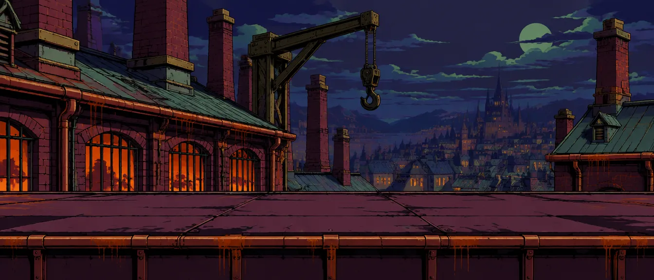 Foundry Roof: an iron roof at night between brick chimneys, furnace light in the windows below