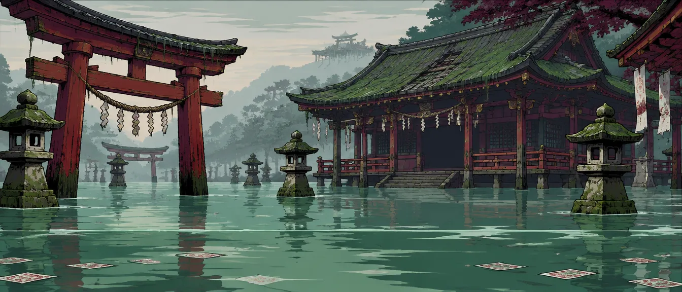 Drowned Shrine: a flooded shrine courtyard with a red gate and stone lanterns standing in green water