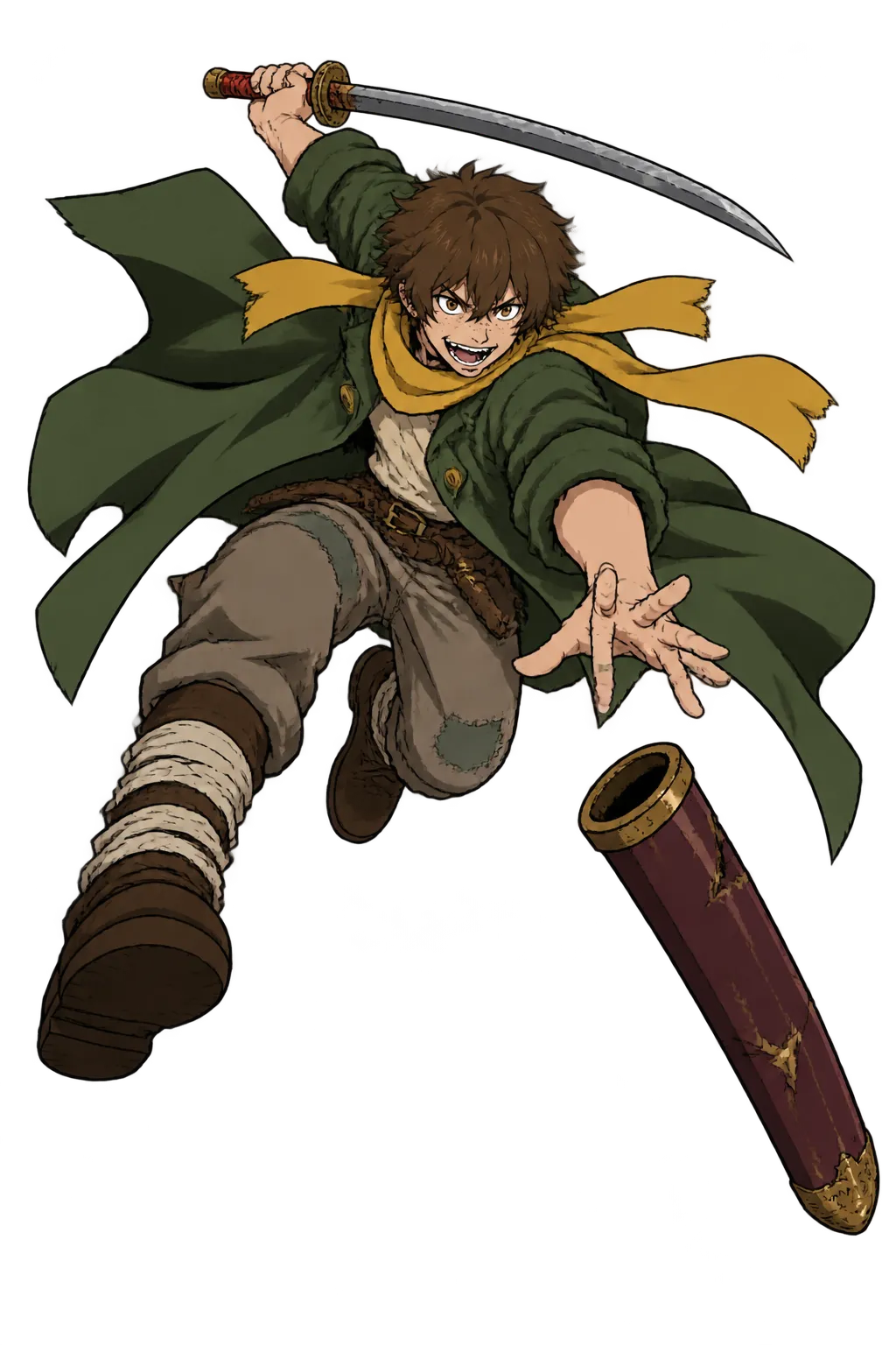 Tomo Weller mid-leap, hurling his empty sheath ahead of him